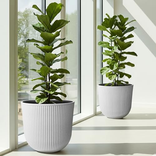 Worth Garden Plastic Round Large Planters, Set of 2 White Plant Pots - color: White, size: 2-Pack