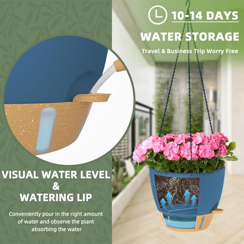ZMTECH 12 Inch Hanging Planters for Indoor Plants & Outdoor - 2 Pack Self-Watering Hanging Pots with Drainage Holes, Visual Reservoir, Plastic Hanging Baskets Flower Pots with Removable Saucer, Blue - color: Blue, size: 12 Inch - 2 pack