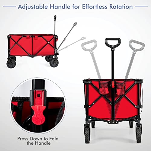 Goplus Collapsible Wagon, Folding Utility Wagon Cart w/Universal Wheels & Adjustable Handle & Cover Bag, Grocery Wagon for Garden Shopping Camping (Red) - color: Red