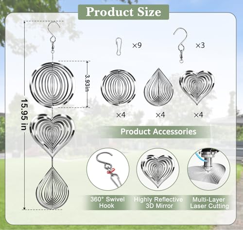 CHONOVO Stainless Steel Reflective Device, Round Bird Devices Set Highly Reflective 3D Wind Spinners Outdoor Garden Decor for Outside Window Roof Yard Orchards 12 Discs 4 Pcs - size: (Round+Heart+Waterdrop) 12 Discs 4 Pcs
