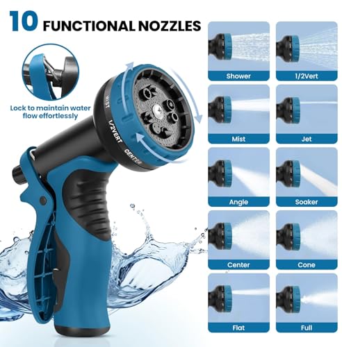 Garden Hose 100FT, Water Hose with 10 Function Nozzle, Garden Hose Metal with Leak-proof Connectors, Kink-Free & Ultra Flexible, Rust/Puncture Proof for Lawn, Yard, RV, Car Wash, 550PSI - size: 100 FT