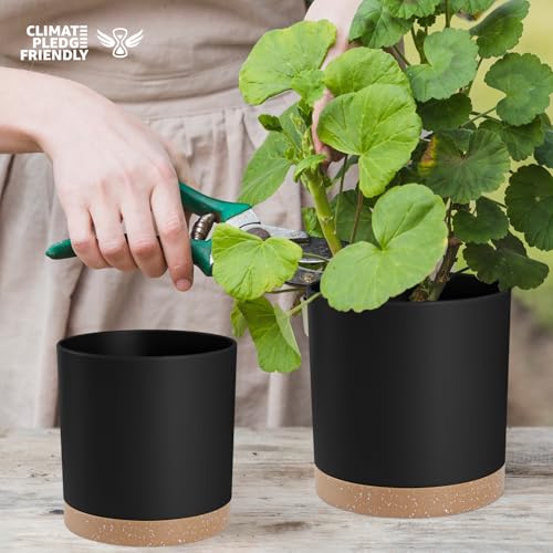 YNNICO Plant Pots with Drainage Holes and Saucers – 7, 6.5, 6, 5, 4 Inch Plastic Planters for Indoor Outdoor Plants, Modern Matte Finish, Lightweight & Durable(Black) - color: Black