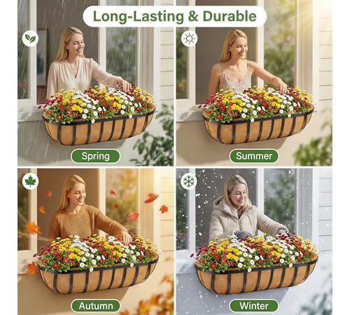 30 Inch Window Deck with Coco Liner, 30" Window Boxes Horse Trough with Coconut Coir Liner, Fence Metal Hanging Flower Planter Window Basket Deck Railing Planter Boxes for Outdoor Garden Lawn, 2pcs - size: 2p 30in