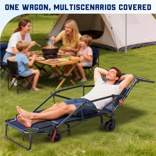 LEVELEVE Heavy Duty Folding Wagon - 2-in-1 Collapsible Cart, All-Terrain Wheels w/Brakes & Side Pockets (Blue, 400lb Capacity) - color: Blue, size: Medium