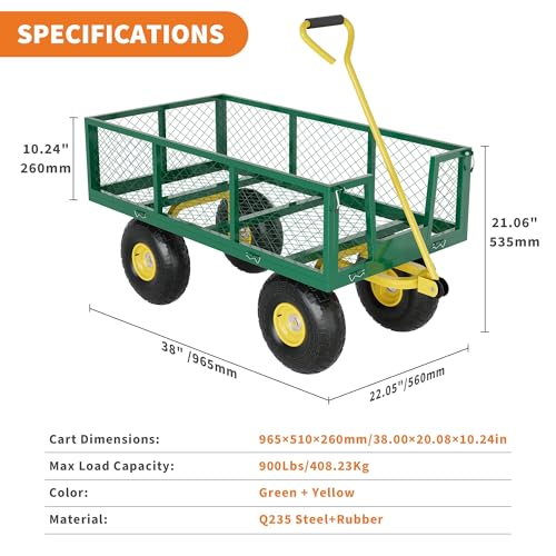 900LBS Heavy Duty Garden Cart, Steel Garden Wagon Cart with 10-Inch Wheels, Adjustable Handle, Utility Garden Wagon for Yard, Gardening, Soil, Tools and Plant Transport - color: Green With Yellow, size: 900 LBS