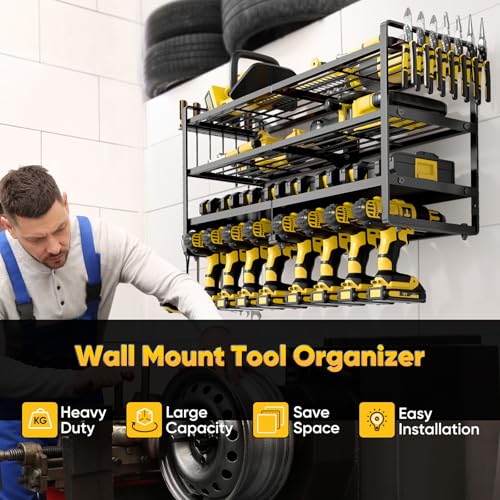 POKIPO Large Power Tool Organizer Wall Mount,4 Layers Heavy Duty Metal Loads 400lbs,Power Tool Shelf Battery Storage with 8 Cordless Drill Holder,Utility Racks for Garage Workshop - color: Black