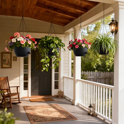UOUZ 4 Pack 8 Inch Self Watering Hanging Planters for Indoor Outdoor Plants,Hanging Pots for Plants with Drainage Removable Tray, Hanging Baskets Flower Pots for Ivy Pothos Spider Garden Porch Black - color: Black, size: 8inch-4pack