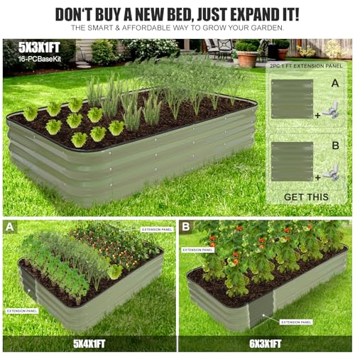 4-in-1 Modular Raised Garden Bed Kit - Adjustable Sizes (5x3x1ft, 4x4x1ft, 6x2x1ft, 7x1x1ft) - Heavy Duty Galvanized Steel Planter Box with Bracing Rods & Gloves for Vegetables, Fruits - color: Green, size: 5×3×1FT