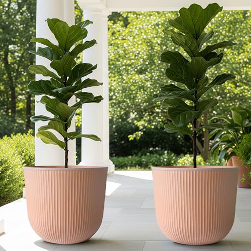 Worth Garden Round Large Planter Pot Set of 2, 17.5" Dia x 15.5" H - Durable Plastic Terracotta Plant Tree Pots with Vertical Stripe Textured Finish, Drainage Hole for Indoor Outdoor Front Porch Patio - color: Terracotta, size: 2-Pack