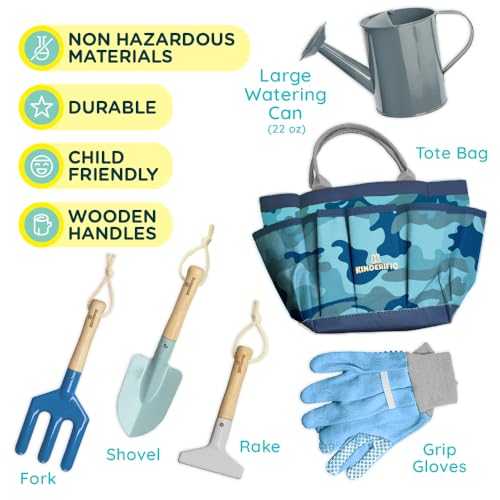 Gardening Set, Tool Kit, for Kids, STEM, Includes Tote Bag, Spade, Watering Can, Rake, Fork, Trowel and Gloves (Camo Quest) - color: Camo Quest