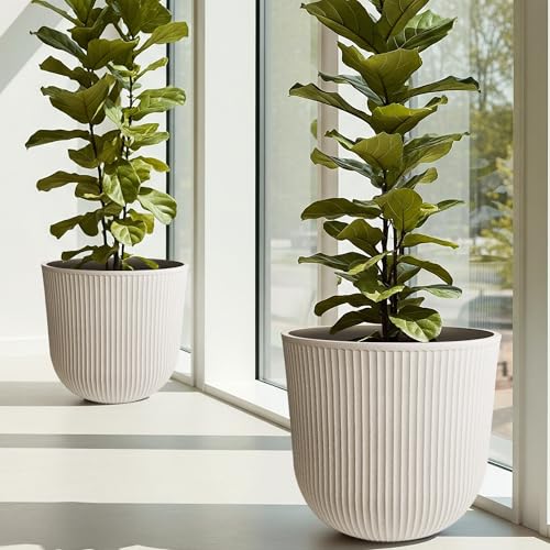 Worth Garden Round Large Planter Pot Set of 2-17.5" Dia x 15.5" H - Durable Plastic Beige Plant Tree Pots with Vertical Stripe Textured Finish, Drainage Hole for Indoor, Outdoor, Front Porch, Patio - color: Beige, size: 2-Pack