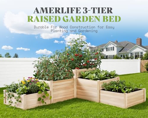 AMERLIFE 3-Tier Raised Garden Bed, 28 Inch Depth Fir Wood Planter Box for Outdoor Gardening with Dividers, Tool-Free Assembly, Garden Box, Ideal for Vegetables, Herbs, Flowers - size: 7.7 x 7.5 x 2.36 ft