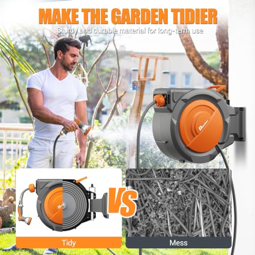 Retractable Garden Hose, 1/2" × 110 ft Wall Mounted Garden Hose Reel with 10-Pattern Hose Nozzle, Heavy Duty Water Hose Any Length Lock,Slow Return System,180°Swivel Bracket - color: Orange, size: 1/2" × 110 ft