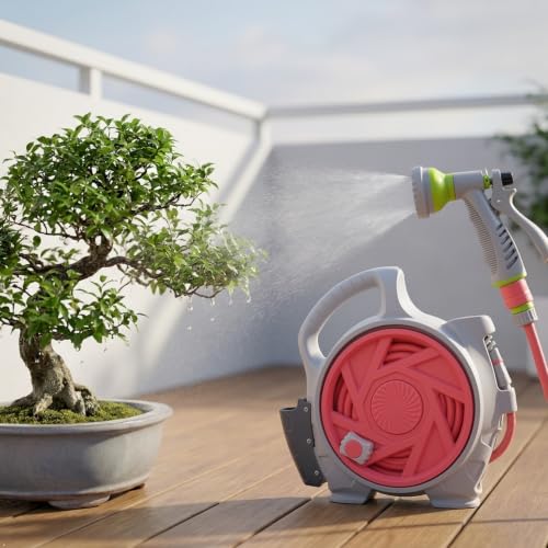 mini portable garden pipe cart, adjustable spray gun with 6 different gears, suitable for various faucets, portable water pipe truck can be used for car washing, watering plants (Pink)