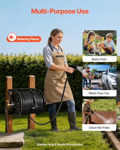 Wall Mounted Garden Hose Reel – Holds 200 ft 5/8" Hose, Heavy-Duty Steel Manual Winder, with Brass Connector, 5ft Leader, Decorative Pattern, Space Saver, Gray Finish, for Outdoor Gardens & Lawns.
