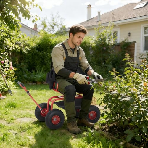 Rolling Garden Cart with Seat, Garden Workseat with 360-Degree Swivel - color: Red+backrest