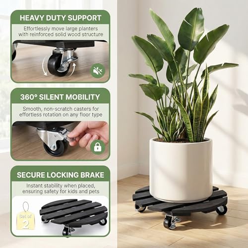 Plant Caddy with Wheels, 12 Inch Rolling Plant Stand, 2 Pack, Black - color: Black, size: 12"
