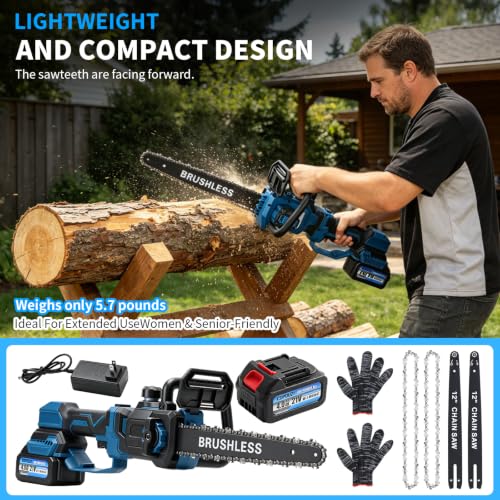 12" Brushless Telescopic Chainsaw, 2-IN-1 21V Cordless Electric Chain Saw with 2 x 4.0Ah Batteries and Charger, Tool-Free Chain Tension, Power Chain Saws for Tree Trimming, Wood Cutting