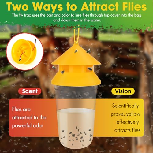 Outdoor Fly Traps, 2 Pack Reusable Hanging Fly Trap for Patio with 12 Non-Toxic Dissolvable Bait Refills, Insect Bug Catcher Killer for All Filth Flies with Ties for Outside Bug Control Yard Ranch