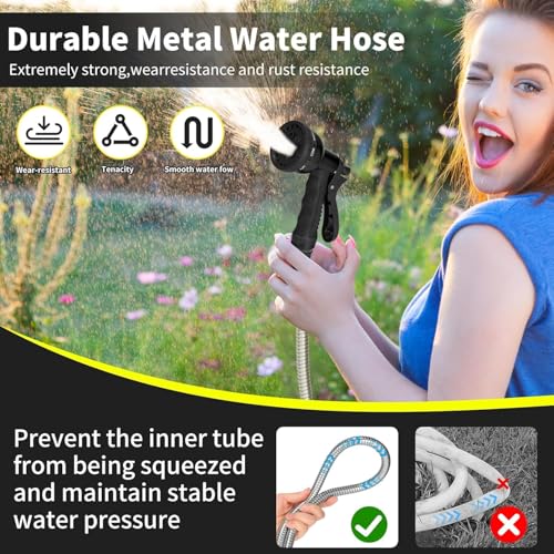 Stainless Steel Metal Garden Hose 25 FT,No Kink Garden Water Hose with 8 Pattern Spray Nozzle for Yard, Outdoor,Flexible,Never Kink & Tangle, Puncture Resistant,Black - color: 25FT