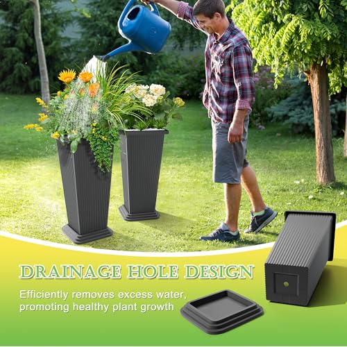 TUYOHW Set of 2 Tall Planters, 24" Large Indoor Outdoor Flower Pots with Tray, Modern Tapered Planters for Porch, Patio, Garden, Backyard - color: Square Ribbed Gray