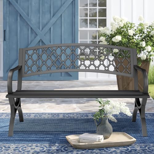 Outdoor Bench Garden Benchs, Weatherproof Anti-Rust Heavy-Duty Outside Bench Clearance, Wrought Iron Metal Bench for Front Porch, Patio, Park, Ergonomic Backrest, Slatted Seat - style: Quadrilateral