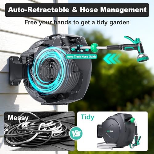 Retractable Garden Hose Reel - 5/8 in x 100 ft Automatic Wall Mount Heavy Duty Automatic Water Hose Reel with 9 Patterns Nozzle, Kink-Resistant Hose, 180° Swivel, Auto-Lock for Outdoor Watering - size: 5/8inch x 100ft