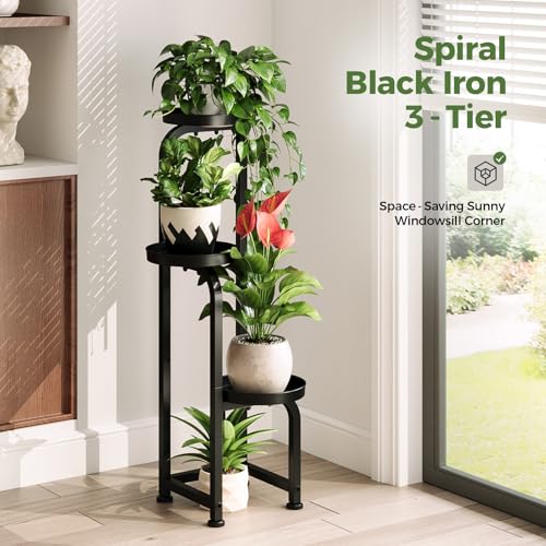 Bamworld Tall Plant Stand Indoor Outdoor Corner Metal Flower Pot Stands - color: Matte Black, style: Spiral 3Tier