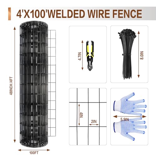 Tongmo 4 ft x 100 ft Black PVC Coated Welded Wire Fence, 16GA Garden Chicken Wire Fence Roll, Mesh Size 2" x 4" Hardware Cloth, Ideal for Yard Protection and Poultry Netting - color: Black, size: 4ft*100ft