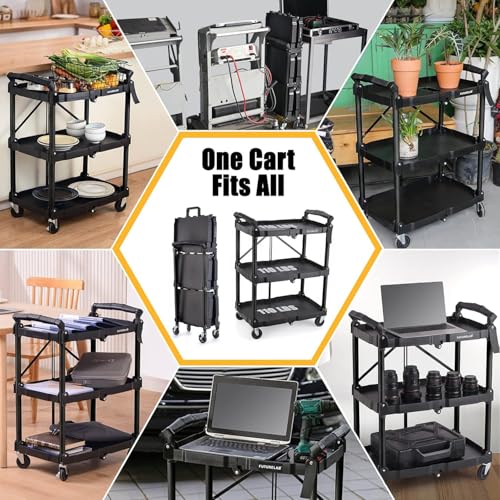 FUTURELAB Portable Folding Service Cart - 3 Tier 330LBS Capacity - Rolling Utility Foldable Cart with Wheels for Warehouse Home Workshops Garages Restaurants Offices - color: Fullblack