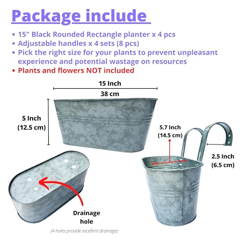 LaLaGreen Deck Rail Planter (15 in, 4 Pack) Silver Metal Flower Pots - size: 15" (38cm) x 4 Pack