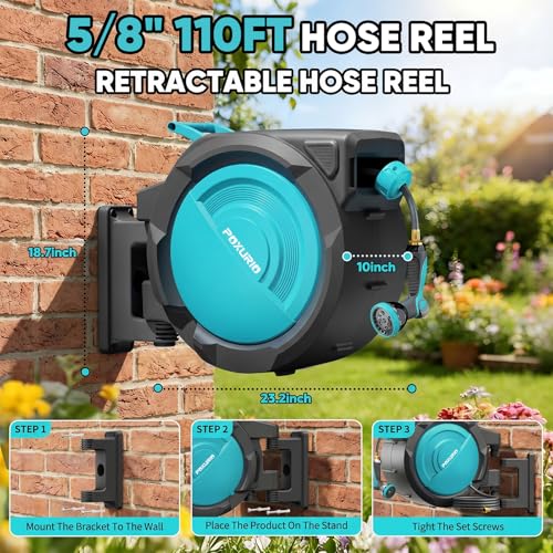 5/8" 110FT Retractable Garden Hose Reel-Heavy Duty Automatic Wall Mounted Hose Reel with 2026 Upgraded UV Resistant, 3/4" Brass Fitting, 10 Pattern Nozzle, 180° Swivel&Any Length Lock Slow Retraction - size: 110FT-5/8''