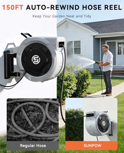 SUNPOW Retractable Garden Hose Reel - 1/2" x 150ft Wall Mounted Hose Reel with 3/4'' Brass Fitting & 10-Pattern Nozzle - Auto Slow Retraction, Any-Length Lock, 180°Swivel for Lawn & Gardening - size: 1/2" 150FT