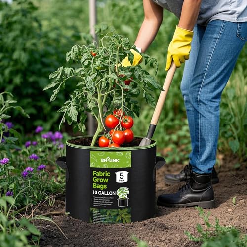 BN-LINK 5-Pack 10 Gallon Grow Bags, Heavy Duty Aeration Fabric Pots with Handles, Thickened Nonwoven Plant Bags for Vegetables, Flowers, Fruits - size: 10 Gallon 5 Pack