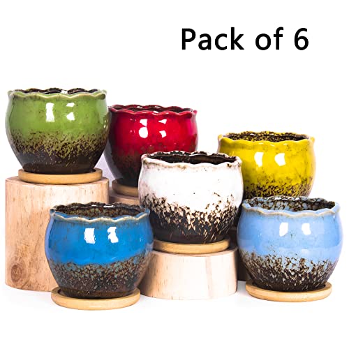Succulent Pots, 4 Inch Small Plant Pots with Drainage Tray Set of 6 - color: Blue/Green/Red/White/Yellow/Light Blue - 4 Inch