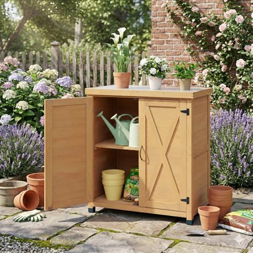 Outdoor Potting Bench with Storage Cabinet, Solid Hemlock Wood, Metal Table Top, 2-Shelf, 31.5 x 17 x 36 Inch (Light Brown)