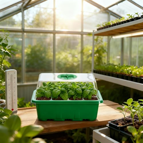 Bonviee 5-Pack Seed Starter Trays, Humidity Dome, Base, 12-Cell Tray, Green - color: Green, size: 5 Packs (60 Cells)
