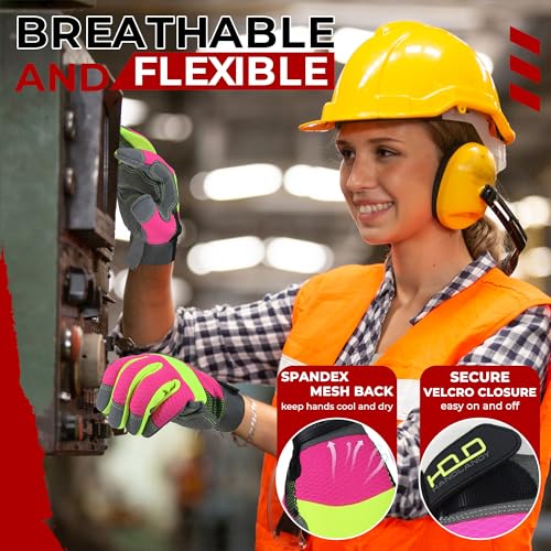 Work Gloves Women, Safety Work Gloves Touchscreen Working Glove for Mechanic, Gardening - color: Hi-vis Pink, size: Medium