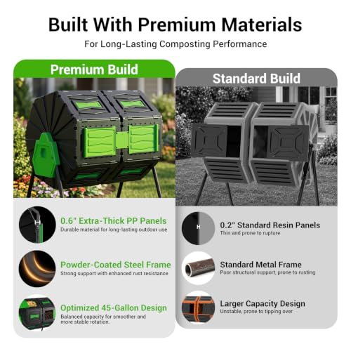 Compost Tumbler, Easy Assemble & Efficient Outdoor Compost Bin, 45 Gallon/170 Liter Large Dual Chamber Rotating Composter for Garden, Kitchen, and Yard Waste, Green Door - color: Green
