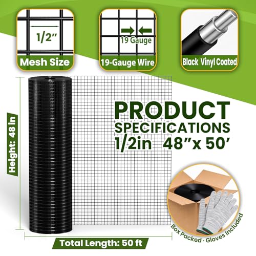 1/2" Hardware Cloth, 48 in x 50 ft, 19 Gauge Black PVC Coated Welded Mesh - size: 1/2inch 48"x50'