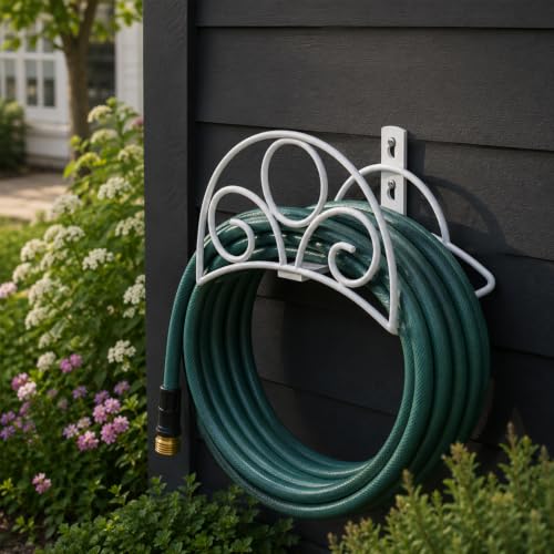 Metal Garden Hose Holder - Wall Mounted White Water Hose Holder - Hose Hanger Heavy Duty for Water Hose Extension Cords Vacuum Hose - color: White