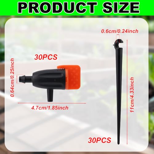 30pcs Drip Irrigation Emitters, Garden Irrigation Drippers with 30pcs Support Stakes Adjustable Drip Emitters Water Dripper for Plants Lawn Flower Watering Accessories