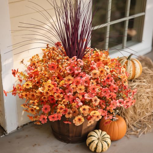 Fall Flowers Artificial Mums for Outdoors Autumn Decor, 12 Bundles Fake Fall Mums with 1 pcs Burgundy Grass UV Resistant Realistic Faux Flowers for Outside Home Porch Patio Planter Yard, Orange Yellow - color: Fall Orange Yellow