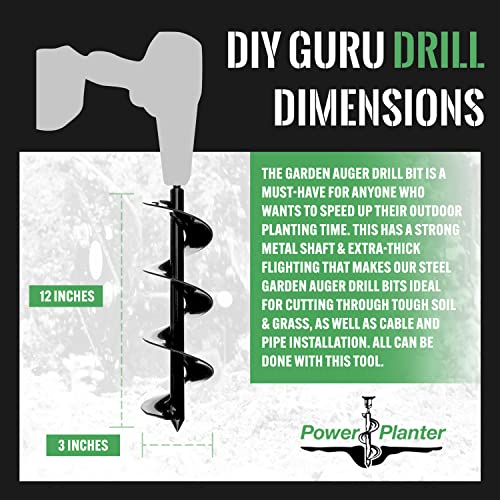 Power Planter DIY Guru Garden Auger- 3"x12" Drill Bit Hole Digger for Post Diggers, Digging Holes- Bulb Planter Tool- Auger Drill for Planting- Garden Digging Tool- 3/8" Non-Slip Hex Drive - color: Black