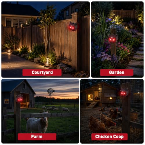 4 Pack Solar Nocturnal Animal Repeller with Red LED Flashing Lights – Effective Coyote, Raccoon, Skunk, Deer & Hawk Deterrent – Waterproof Predator Lights for Yards, Gardens & Chicken Coops