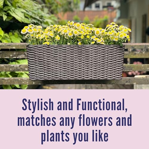 LaLaGreen Deck Railing Planter Box (20 Inch, 4 Pack) Brown Rectangular Window Flower Boxes with Bracket, Self Watering System Hanging Planter Box for Outdoor Plant Container Herb Rail Fence Balcony - color: Brown X 4