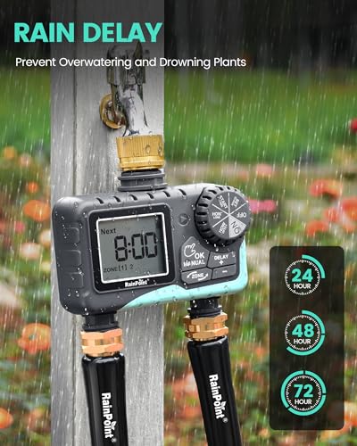 RAINPOINT Sprinkler Timer 2 Outlet, Water Timer for Garden Hose, Programmable Drip Irrigation for Yard Outdoor Watering, Rain Delay/Manual/Automatic