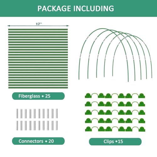 Garden Hoops for Raised Beds, 25pcs Greenhouse Hoops,Fiberglass 2- 8ft, Garden Tunnel with 15 Clips, Detachable Hoop House Frame for Row Cover,Garden Netting, Plant Covers