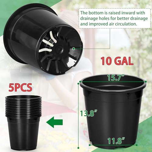 OUPSAUI 2/3/5/10 Gallon Pots for Plants, Sturdy Plastic Nursery Pots with Drainage Holes, Plant Pots for Seedlings, Vegetables, Succulents, Cuttings - size: 10gallon-5pack
