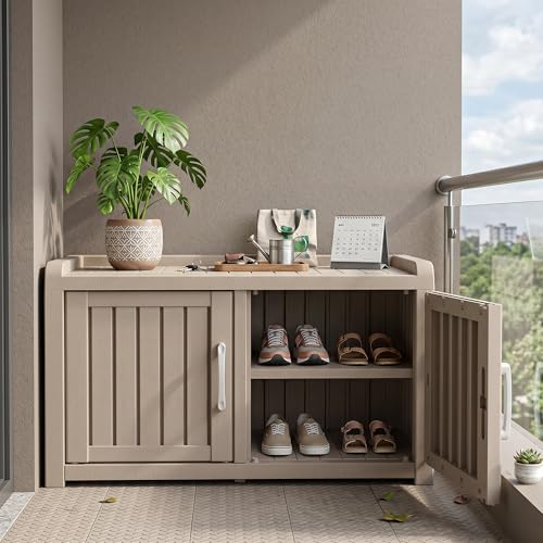 ROJIK Shoe Cabinet Waterproof UV-Resistant,Storage Bench Indoor Outdoor with Adjustable Shelves,for Entryway Bedroom,Hallway,Living Room(Double Door,Grey) - color: Grey, size: Double Door